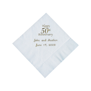 White 50th Anniversary Personalized Napkins with Gold Foil - Beverage (50 Piece(s))
