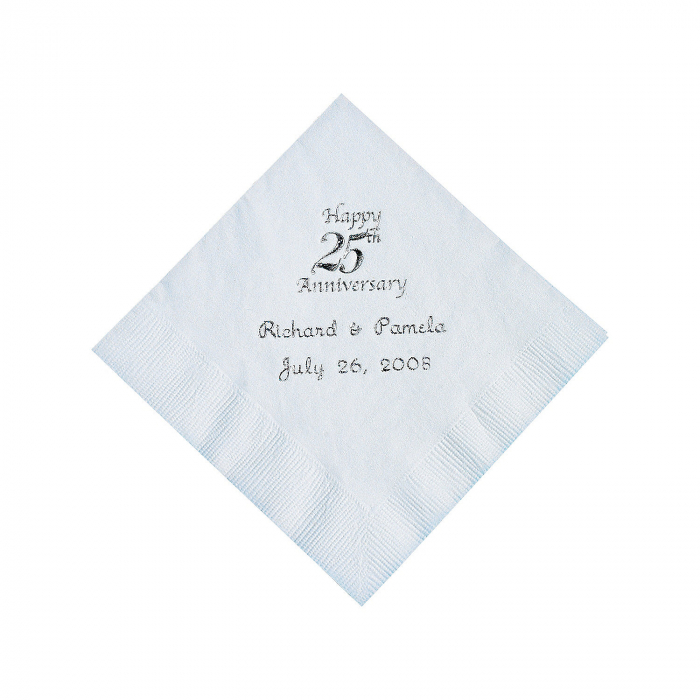 Personalized Silver And White 25th Anniversary Beverage Napkins (50 Piece(s))