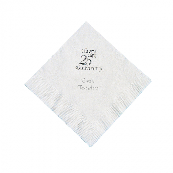 Personalized Silver And White 25th Anniversary Beverage Napkins (50 Piece(s))
