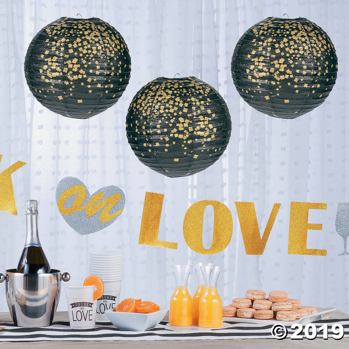 Black & Gold Patterned Hanging Paper Lanterns (6 Piece(s))