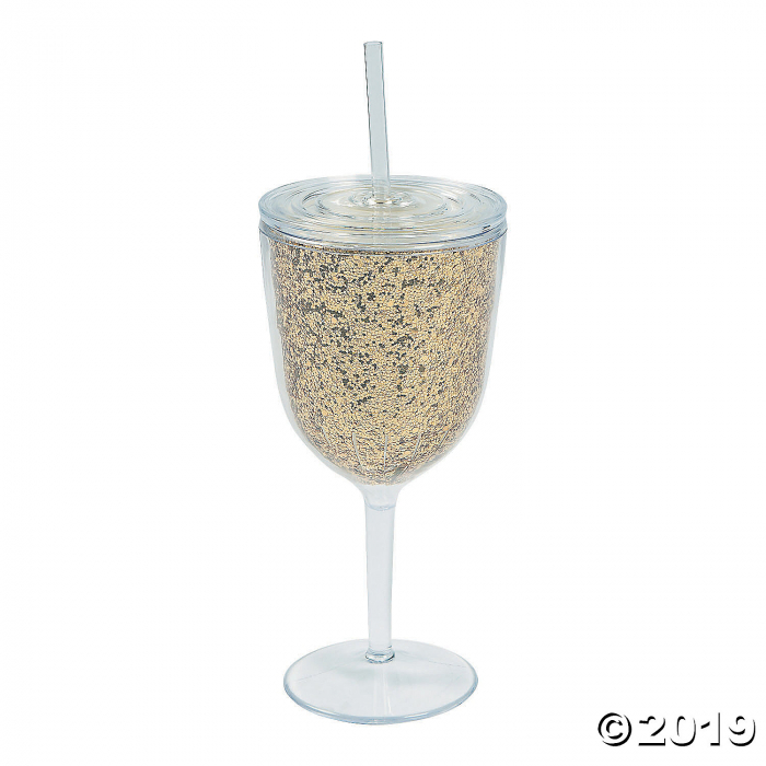 Gold Glitter Plastic Wine Glass with Lid & Straw (1 Piece(s))