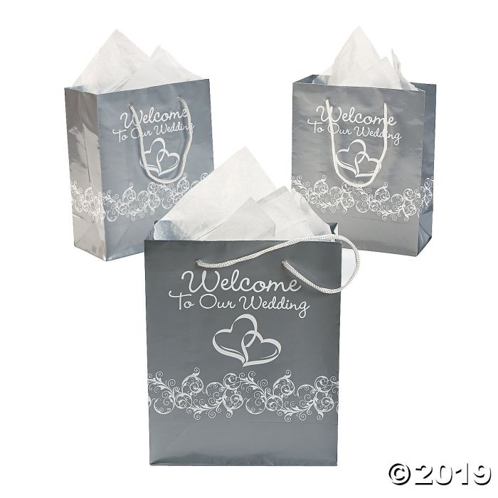 Medium Silver Two Hearts Welcome To Our Wedding Gift Bags (Per Dozen)