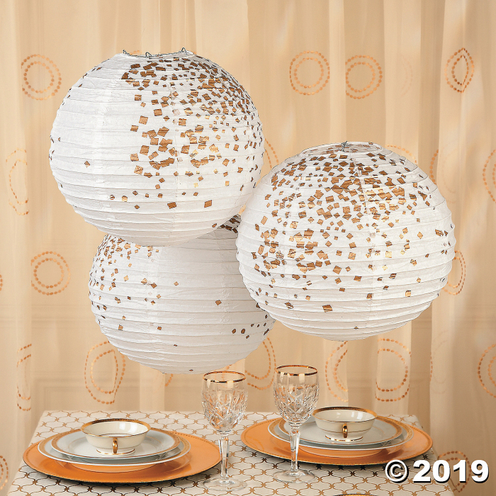 White & Gold Patterned Hanging Paper Lanterns (6 Piece(s))