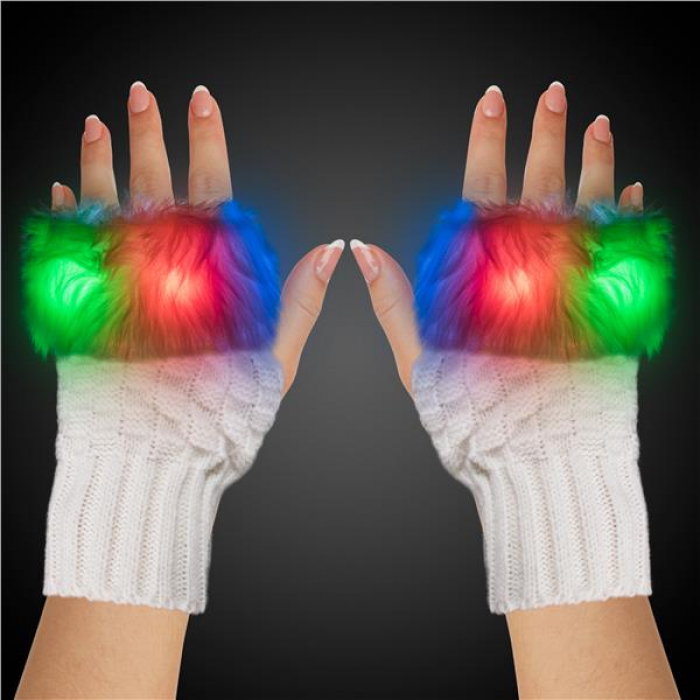 LED White Fuzzy Half Gloves (Per pair)